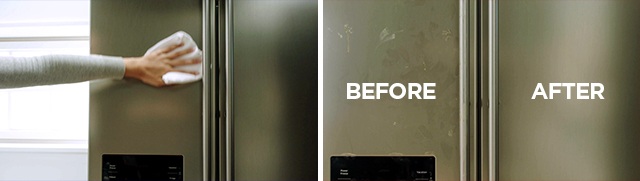 Hand drying Stainless Steel Appliance with paper towel and appliance before and after cleaning comparison