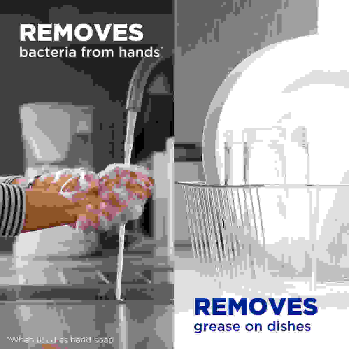 Removes bacteria from hands, removes grease on dishes