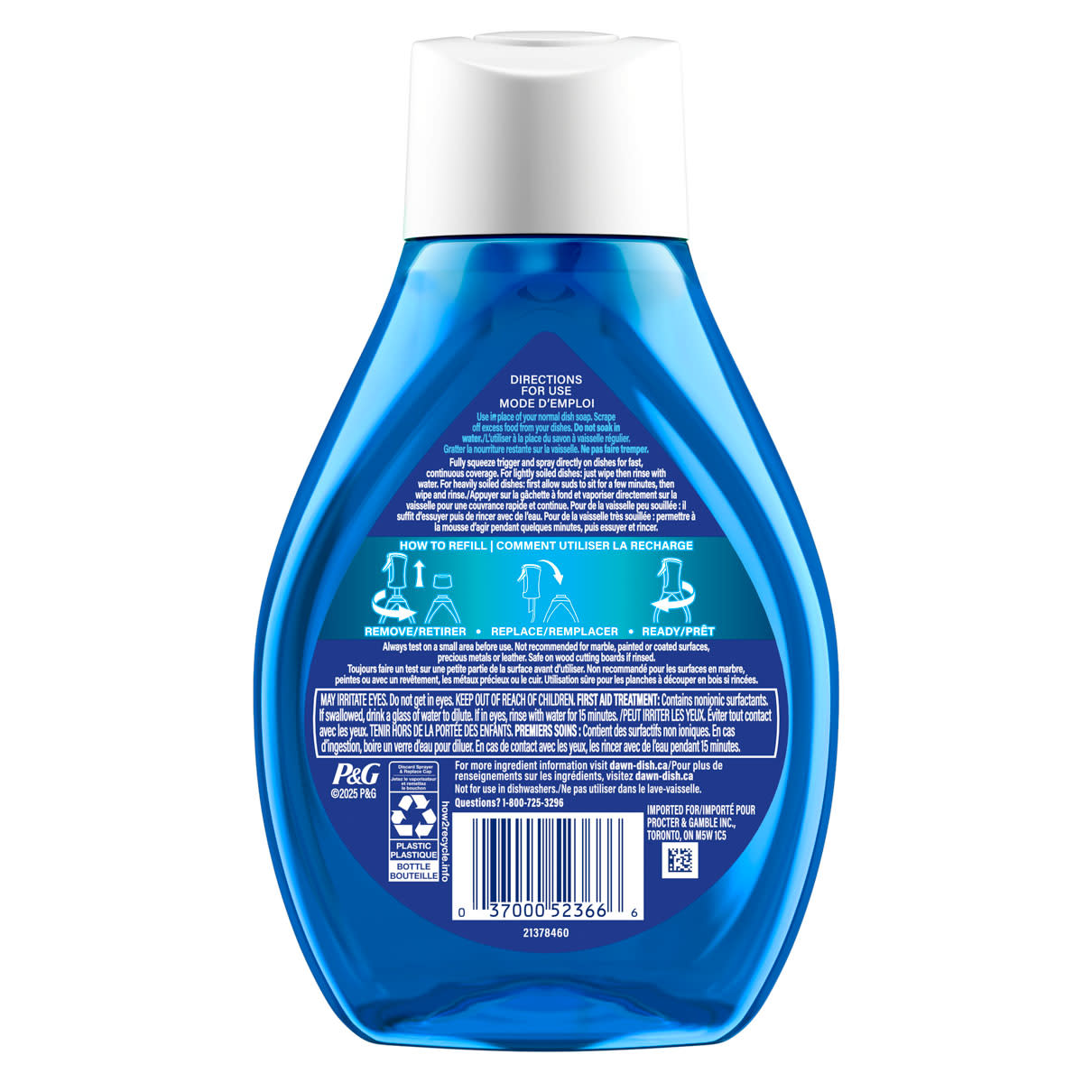 Back view of Dawn Platinum Powerwash Dish Spray Refill showing usage instructions and product details on the labels.