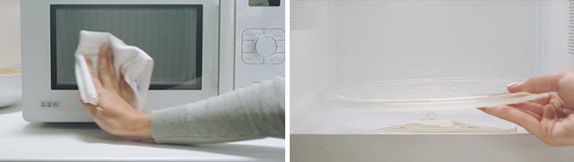 Hand drying outside of microwave with paper towel and hand placing glass tray into microwave