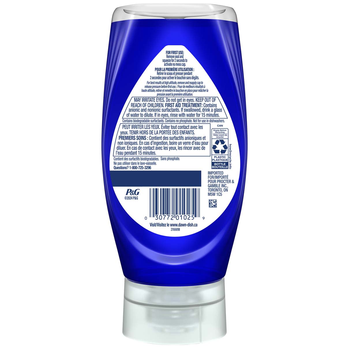 Back view of Dawn EZSqueeze Platinum Fresh Rain 366ml, showing usage directions, refill instructions, safety warnings, recycling information, and product details on the label.
