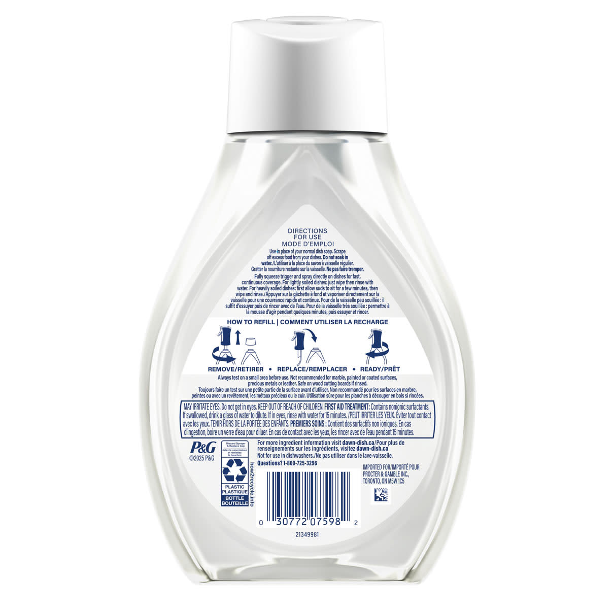 Back view of Dawn Free & Clear Powerwash Dish Spray Refill, Dish Soap, Pear 473mL showing usage instructions and product details on the labels.  