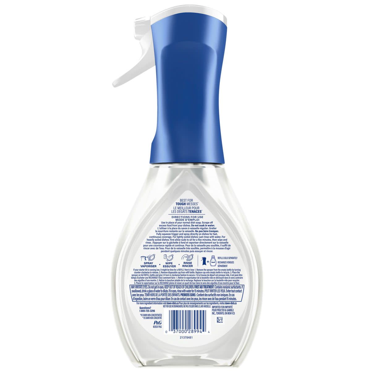 Back view of Dawn Powerwash Free & Clear Dish Spray, Pear Scent showing usage instructions and product details on the labels.