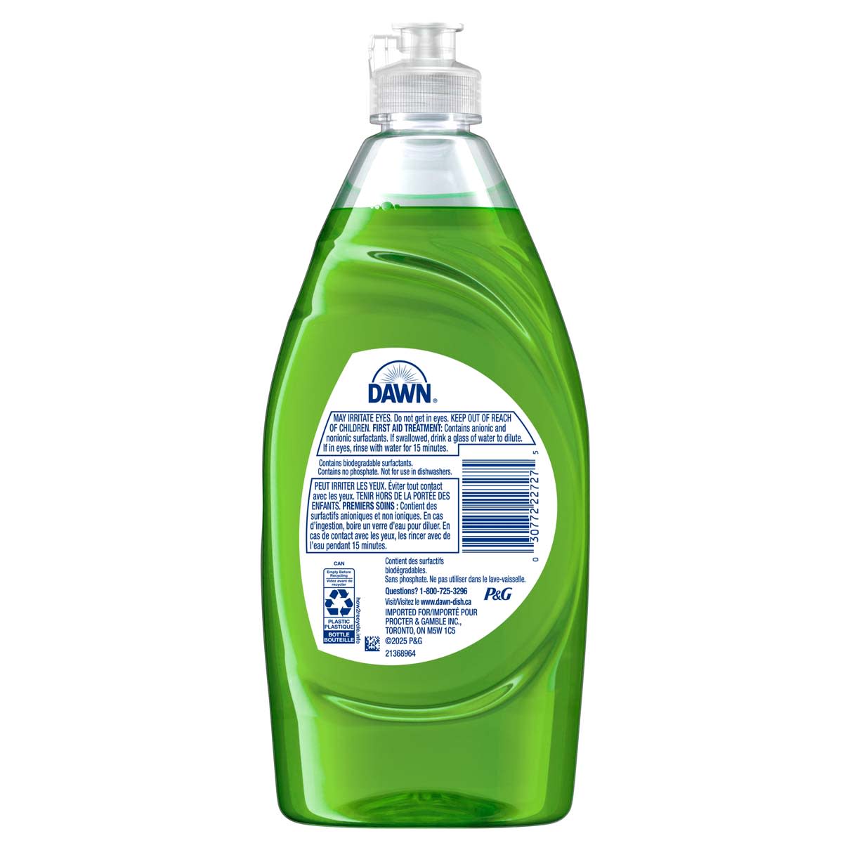 Back view of Dawn Ultra Dish Soap, Washes Away Bacteria Apple Blossom 502mL, showing usage directions, refill instructions, safety warnings, recycling information, and product details on the label.
