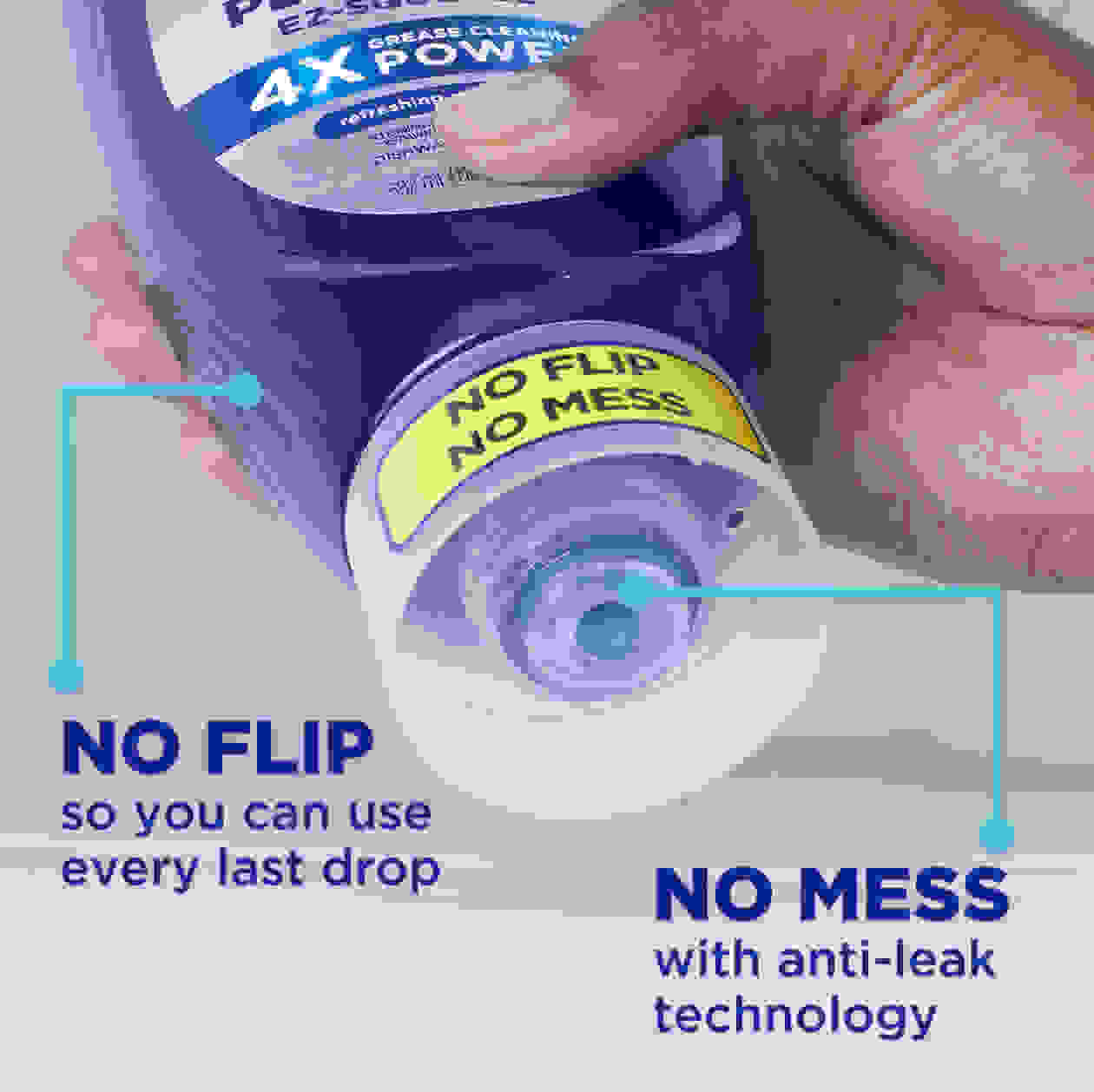 No Flip so you can use every last drop; No Mess with anti-leaks technology