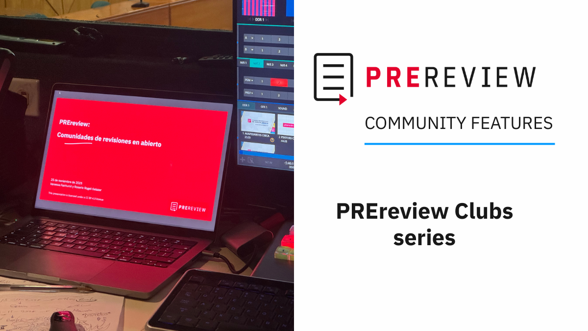 PREreview COMMUNITY FEATURES banner. "PREreview Clubs series" subheader. To the right, a closeup of a photo depicting a deck