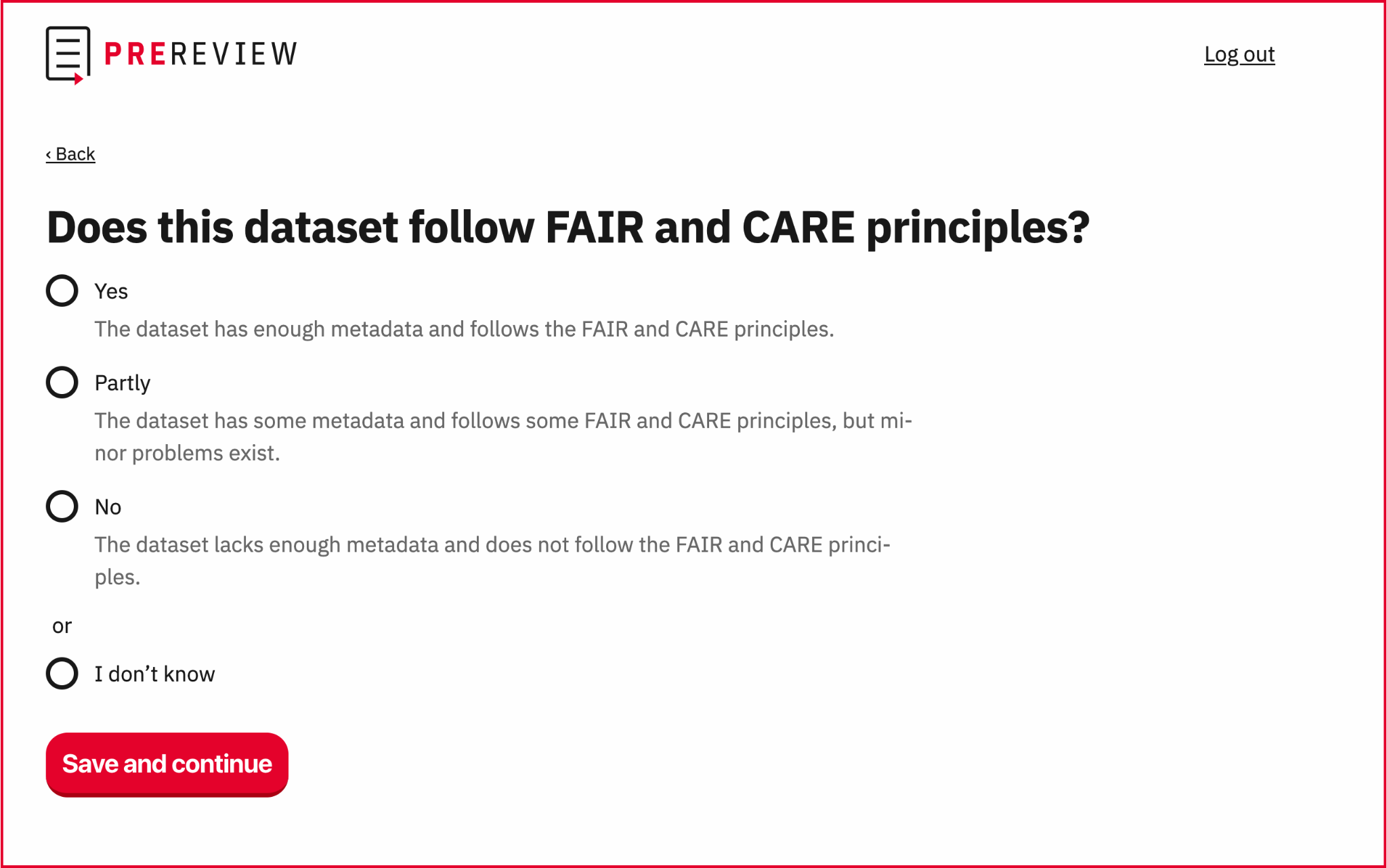 A screen shot from PREreview.org displays a dataset review question about FAIR and CARE principles in a dataset