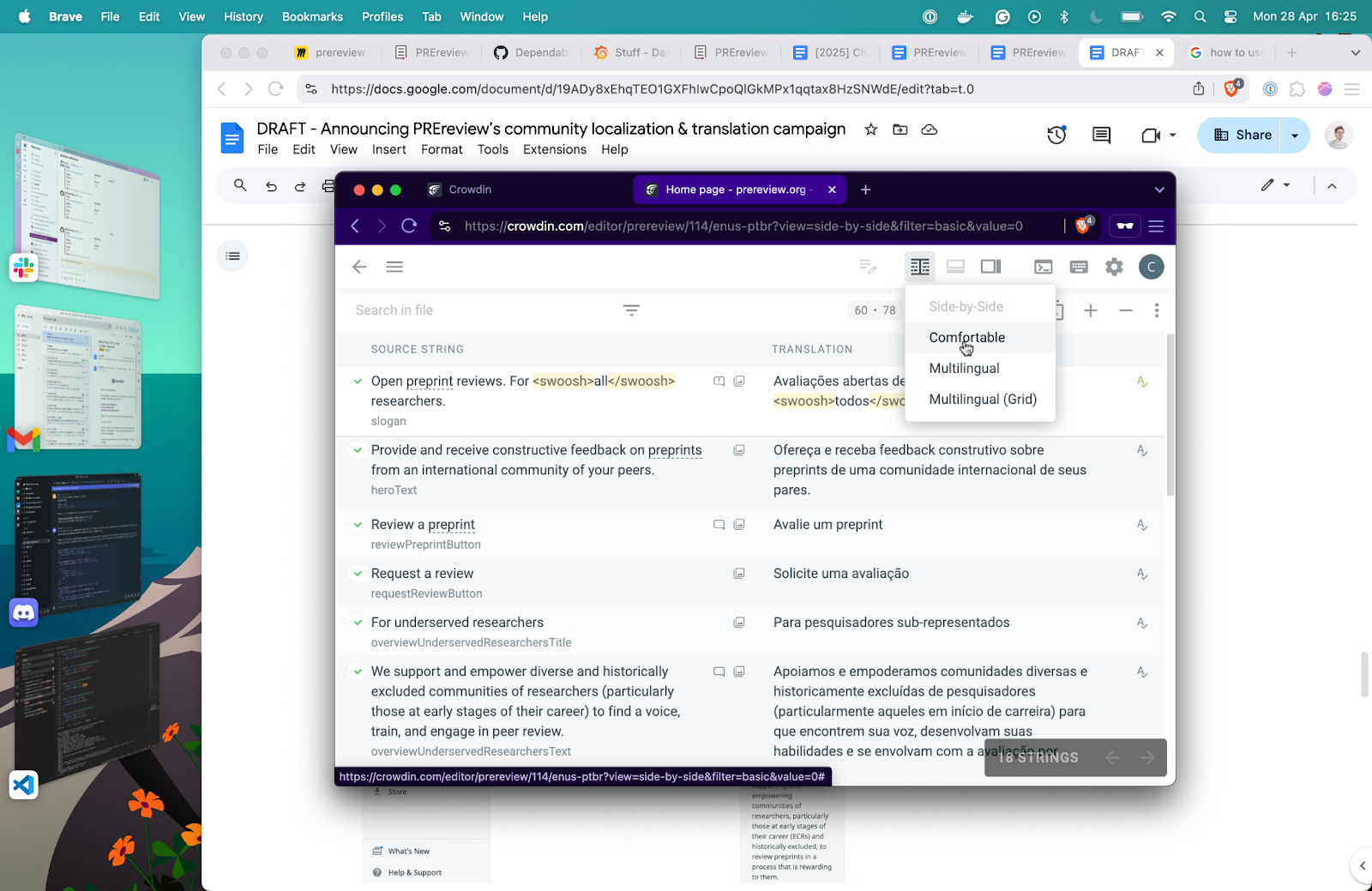 This is a screenshot in Crowdin showing the layout option labeled "comfortable" which displays original lines of text and translations in a side-by-side list.