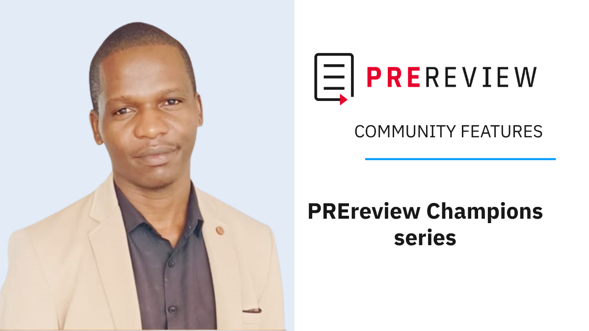 "PREreview COMMUNITY FEATURES: PREreview Champions series" banner, with headshot of the interviewee Akuma Ifeanyichukwu.