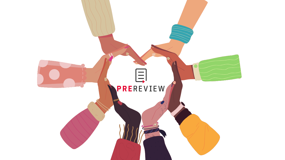 Eight hands with different skin tones, accessories, and clothes creating a heart shape around the PREreview logo