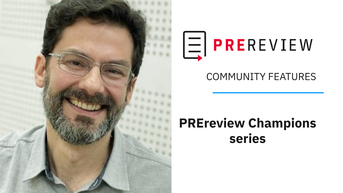 PREreview COMMUNITY FEATURES: "PREreview Champions series" banner, with headshot of the interviewee Carlos Herold Junior.