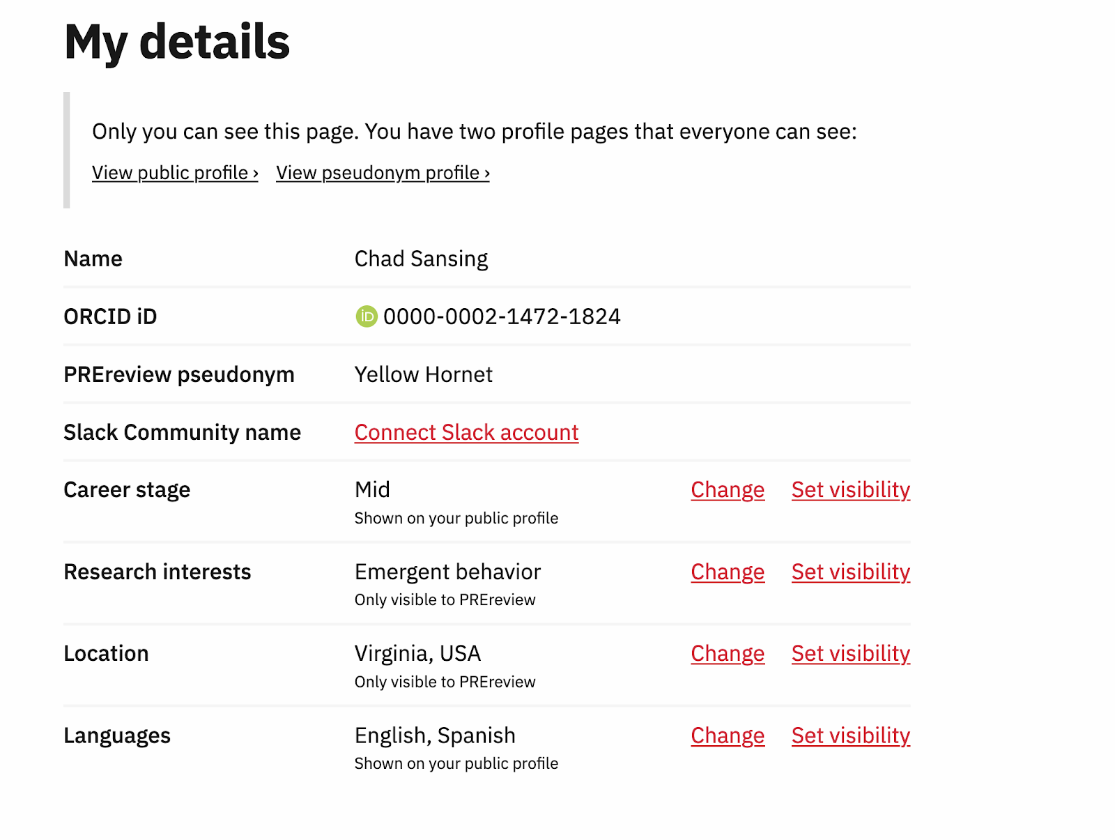 This screen shot shows a user’s profile options for displaying information like their PREreview Slack community name, career stage, research interests, location, and languages on PREreview.org.