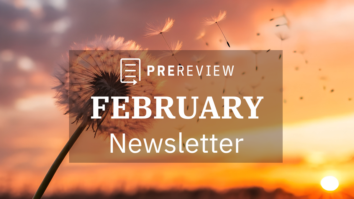"PREreview December Newsletter" header over the photo of a dandelion spreading seeds on a sunset landscape.