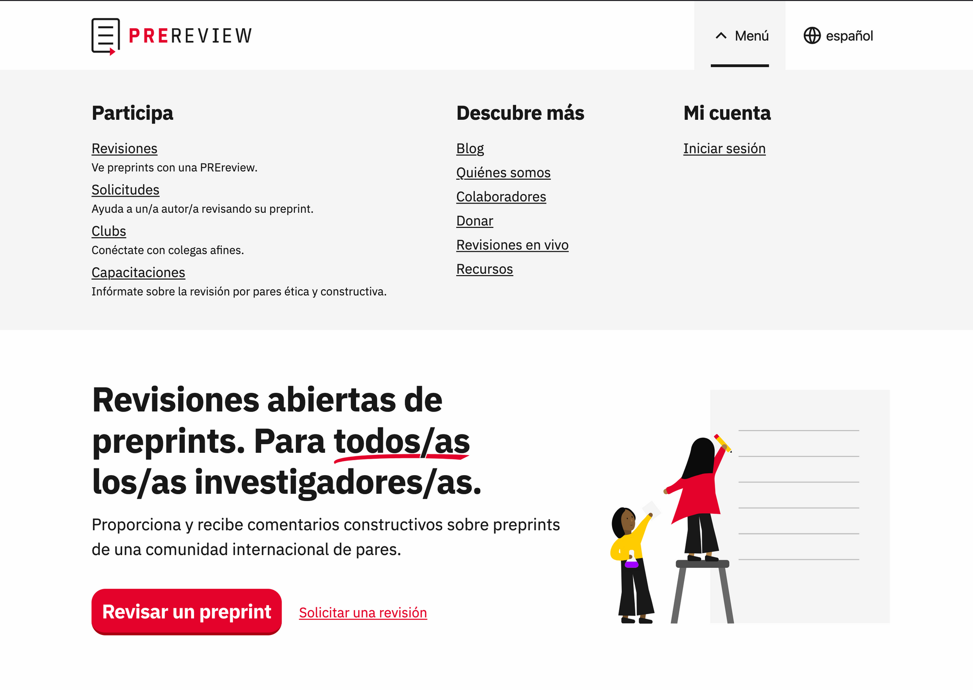 Una captura de pantalla de PREreview.org muestra su menú traducido a español latinoamericano