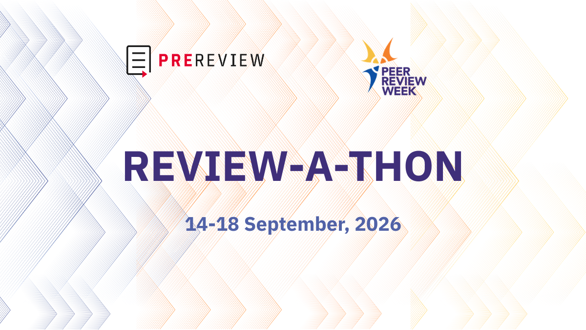Review-a-thon banner with PREreview and Peer Review Week logos on top. Dates: 14-18 September, 2026