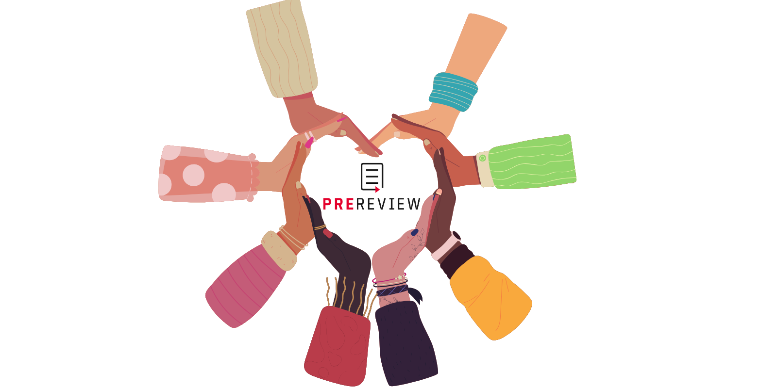 A ring of illustrated hands with different skin tones forms a heart shape around the PREreview logo.