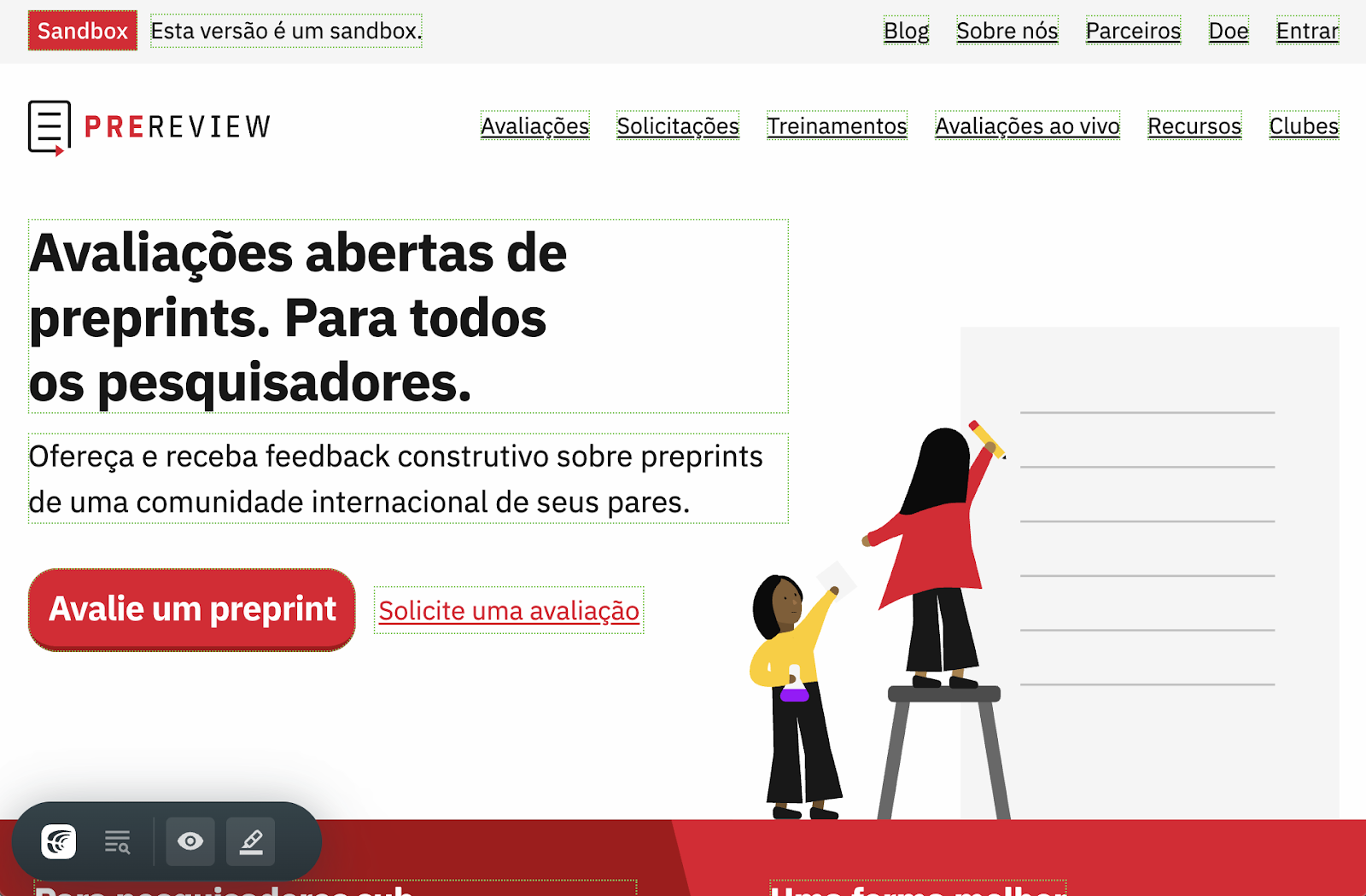 This is a screenshot of PREreview,.org translated into Brazilian Portuguese.