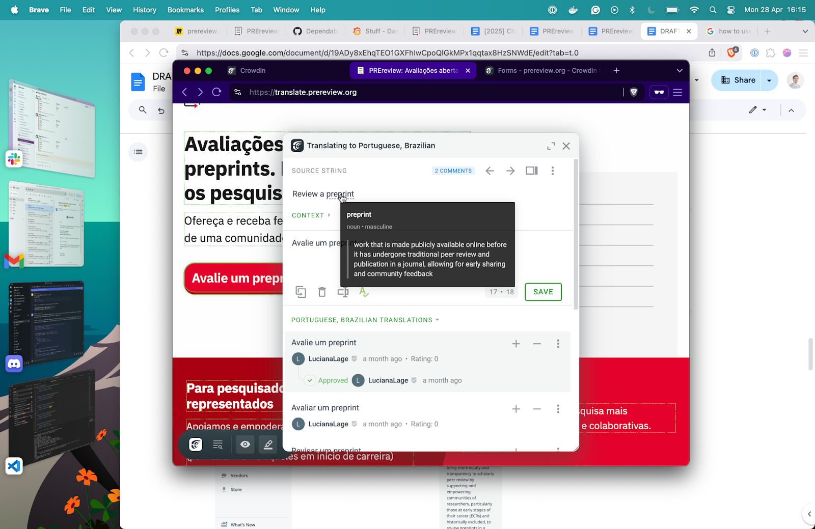 This is a screenshot showing PREreview.org's localization and translation glossary appearing on top of PREreview.org.