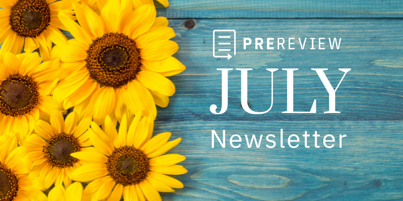 Sunflowers on a blue wooden background with the PREreview logo followed by 'July Newsletter' in white font