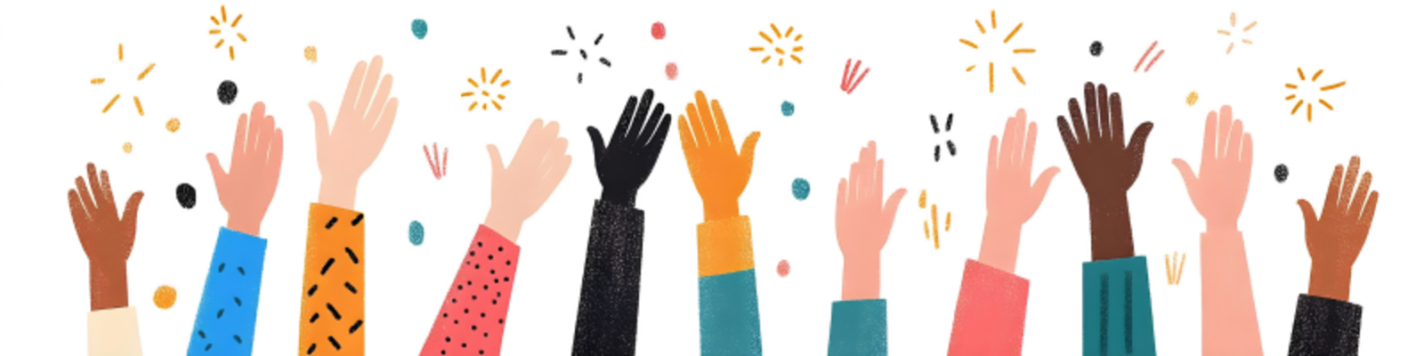 Graphic of diverse hands raised in celebration by oksanavectorart