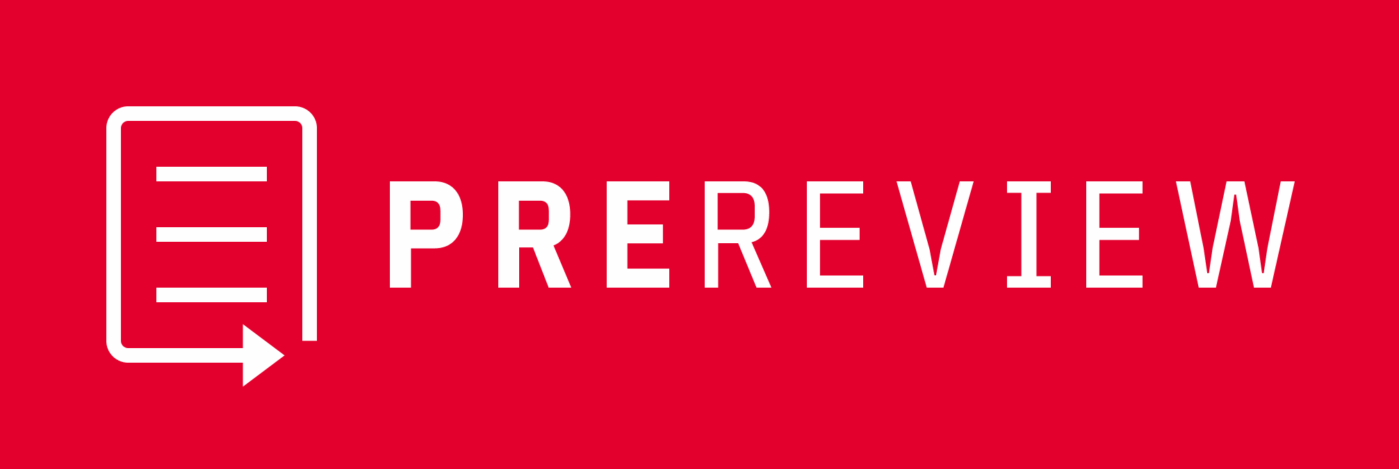 This is the PREreview logo featuring an illustrated page with a left-to-right-pointing arrow on its bottom margin pointing toward the word "PREreview."