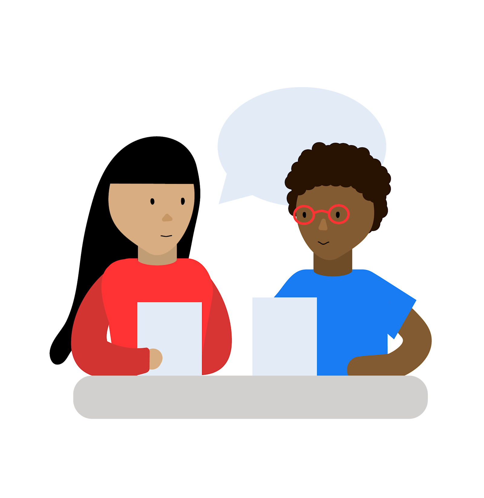 Digital drawing of two people exchanging ideas.