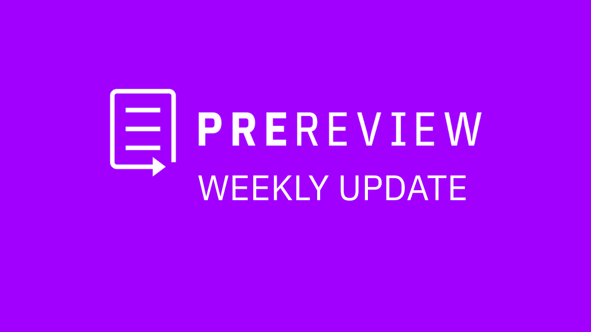 The PREreview logo and the title “Weekly update” in white over a bright purple background