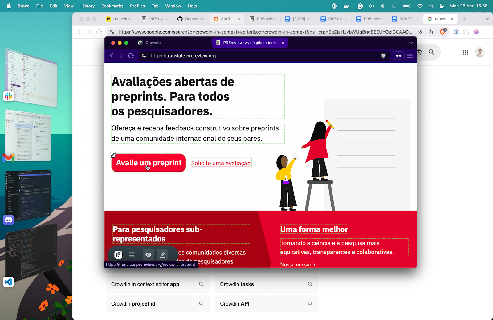 This is a screenshot showing an editing icon that looks like a pencil appearing over the text inside a button on PREreview.org.