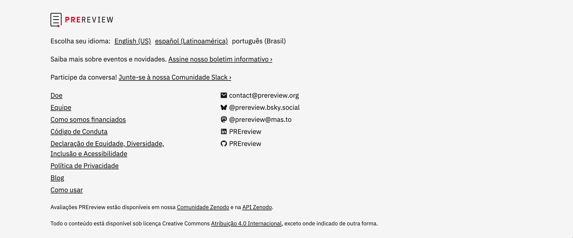 Una captura de pantalla de PREreview.org muestra un pie de página traducido al portugués brasileño