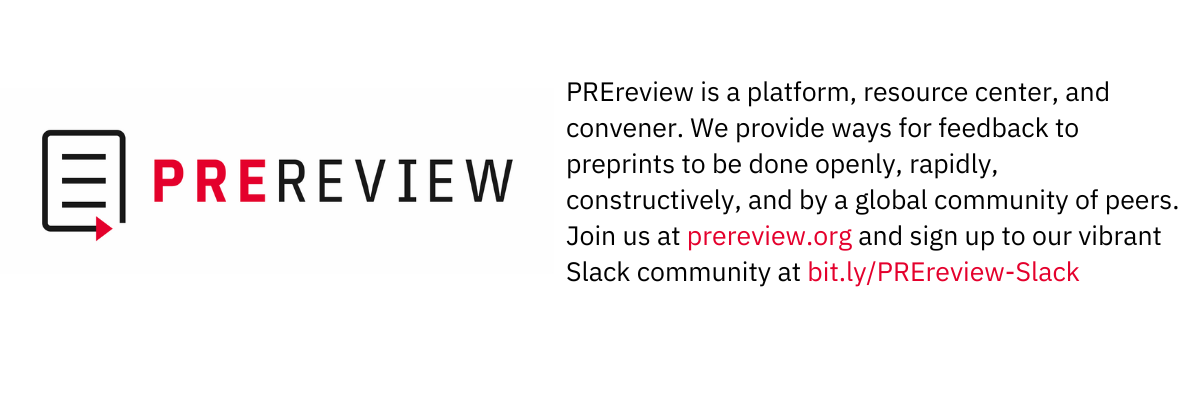 PREreview’s logo next to text describing its roles as a platform, resource center, and convener.