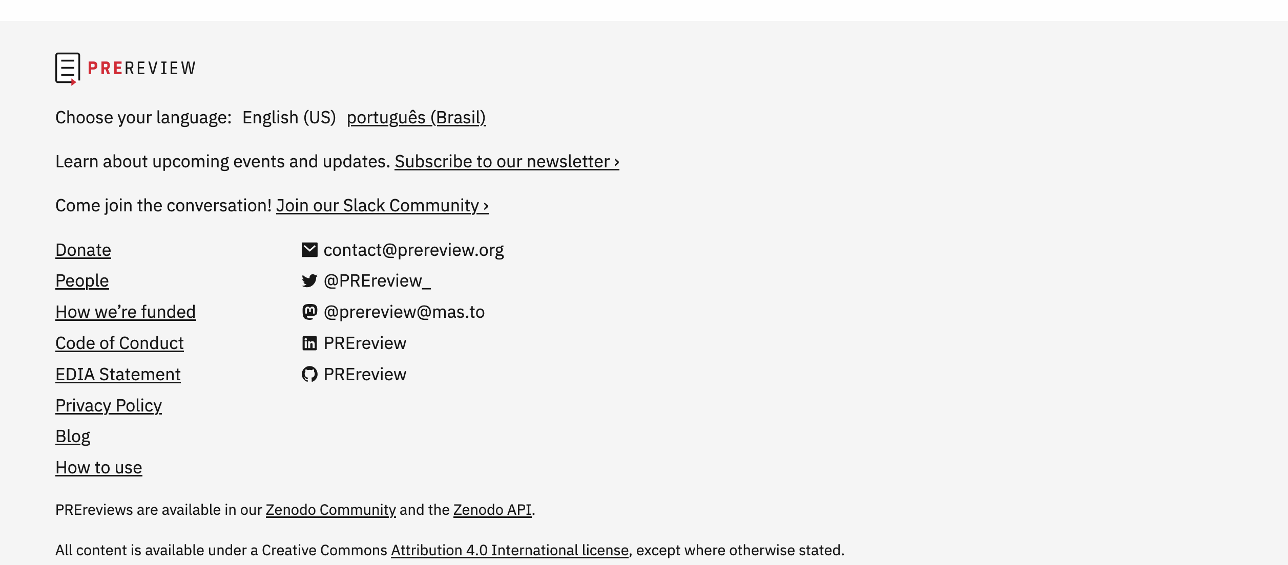 This is a screenshot of the footer of sandbox.prereview.org with a language toggle between English and Brazilian Portuguese at the top.
