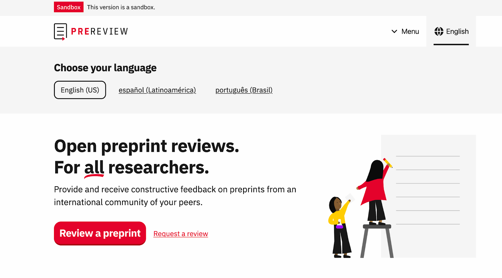 This is a screenshot showing PREreview’s language picker on https://sandbox.prereview.org