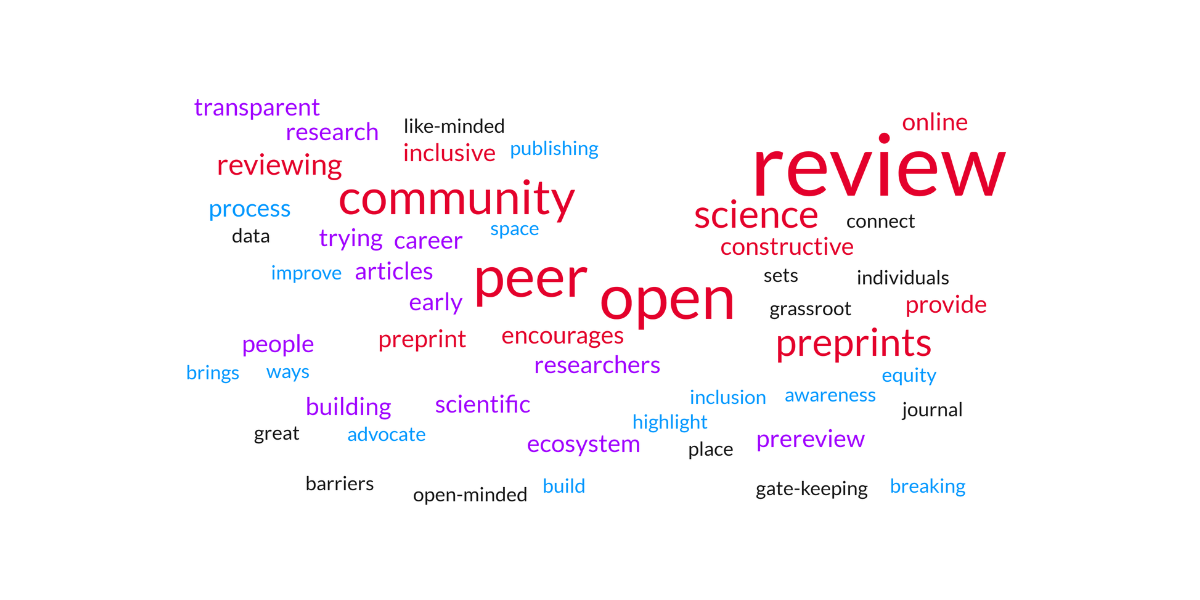 Word cloud generated with Community Call participants' responses to "what you think PREreview does"