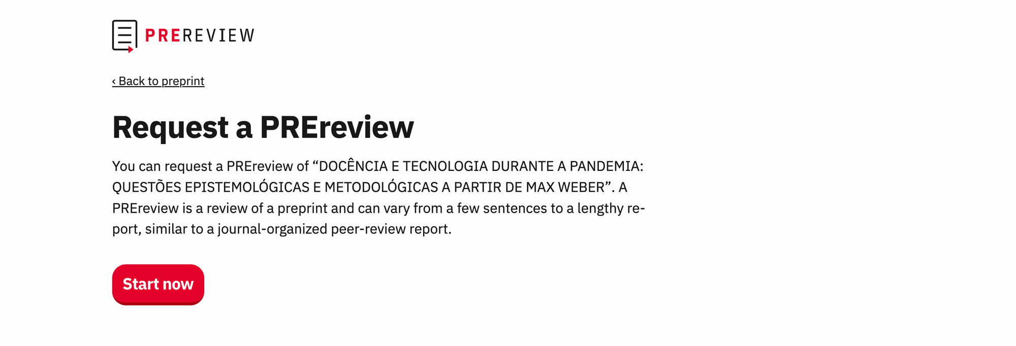 A screenshot showing a confirmed request on PREreview.org