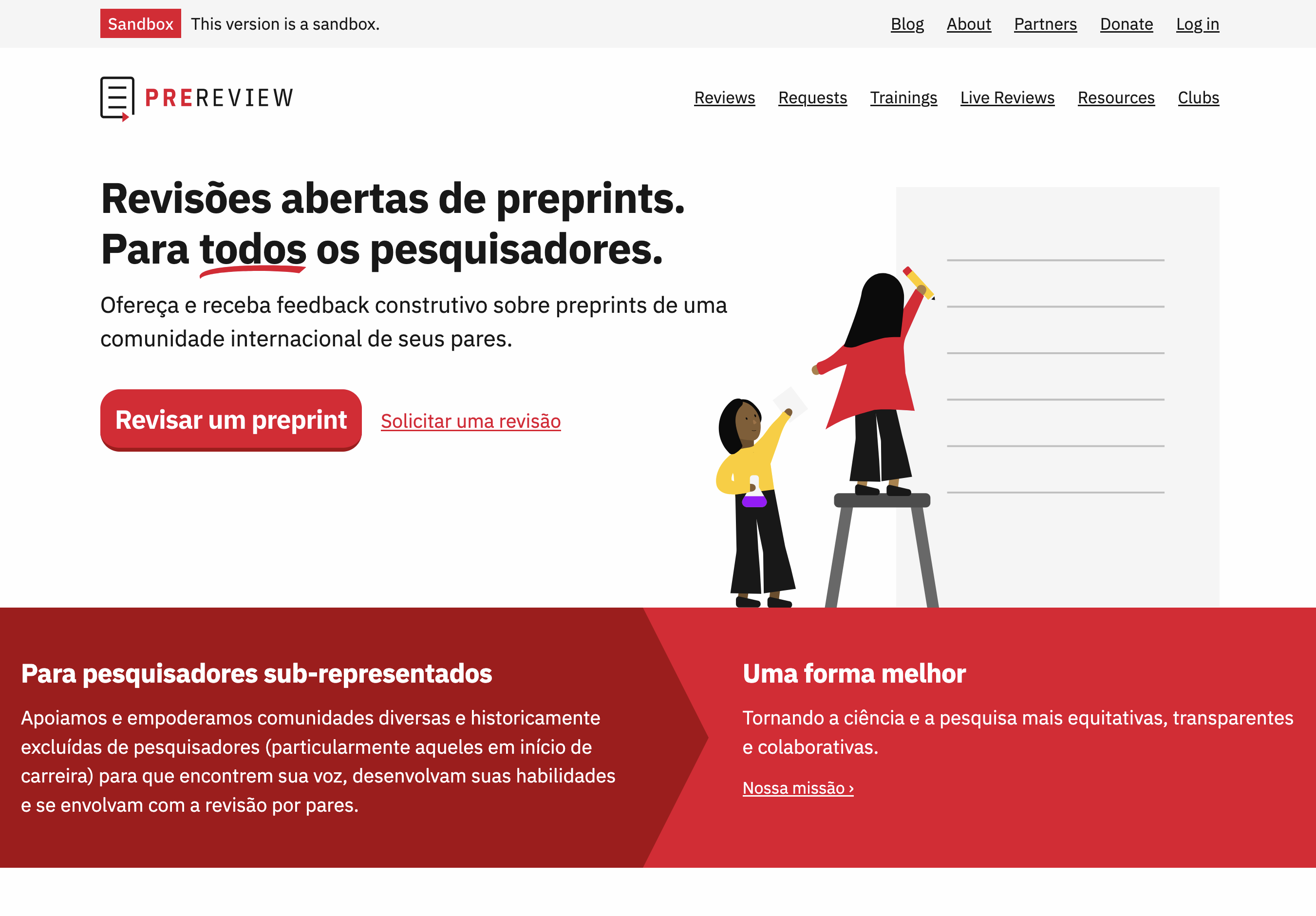 This is a screenshot of sandbox.prereview.org showing live Brazilian Portuguese translations.