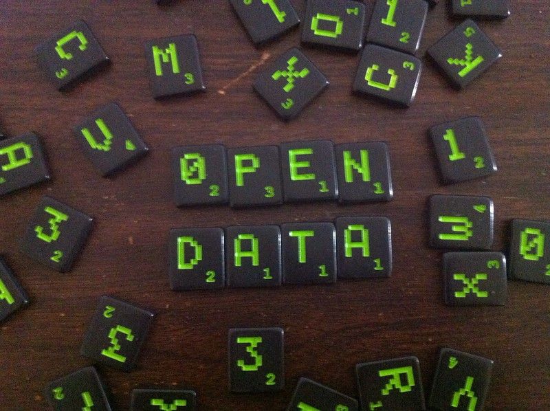 A set of pixel text scrabble letters in black and pale green, scattered across a dark, wood table top. The letters in the middle spell out the phrase "open data" in all capital letters.
