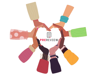 A group of 8 hands and arms with all different skintones and accessories creating a heart around the PREreview logo.
