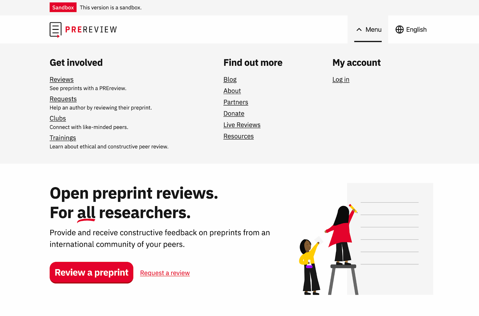 This is a screenshot of the menu on https://sandbox.prereview.org with headers like “get involved” and “find out more”