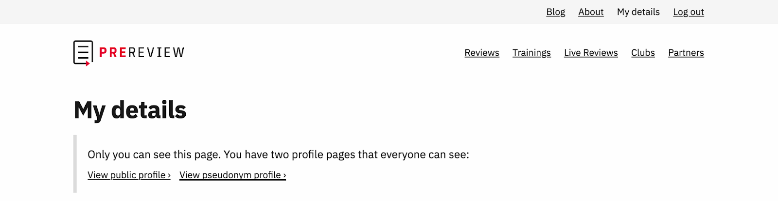 This screenshot displays a user's interface for previewing their profiles on PREreview.org