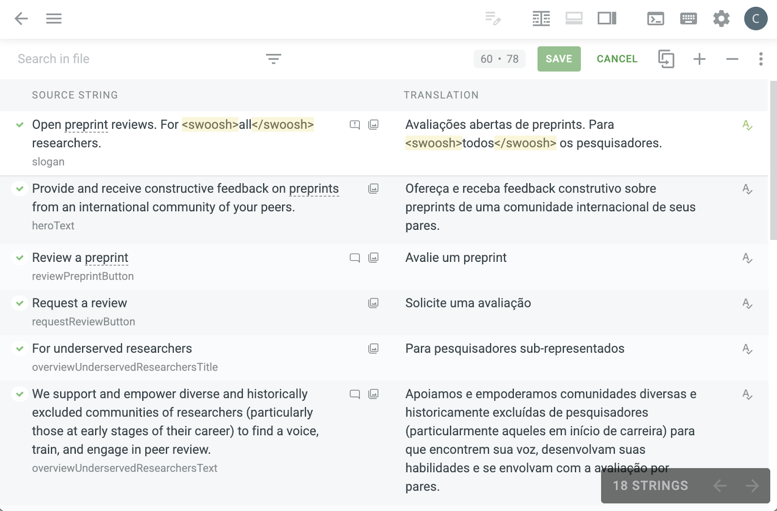 This is a screenshot in Crowdin showing the Brazilian Portuguese translations within an editable section of PREreview.org.