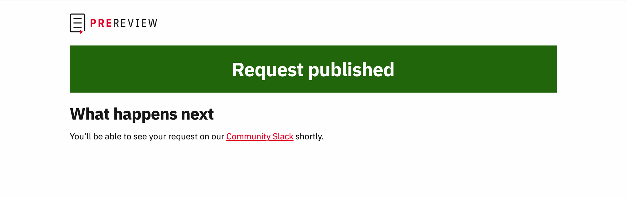 A screenshot showing a confirmed request for review on PREreview.org