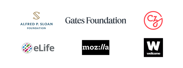 The company logos of the funders of PREreview including the Sloan Foundation, CZI, eLife, The Wellcome Trust and Mozilla