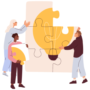 Three people put together a jigsaw of a lightbulb