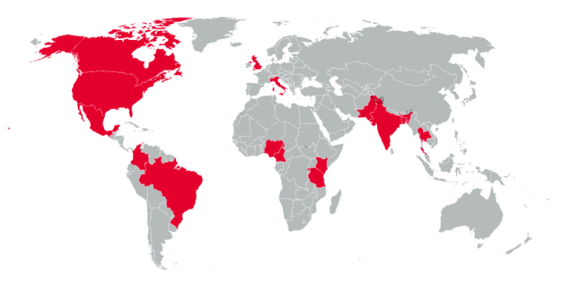 A grey and red world map showing the countries Champions applied from in red.