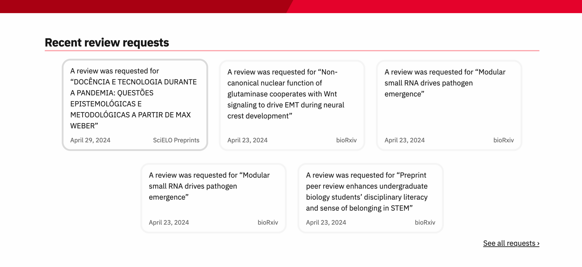 A screenshot displaying the 5 most recent review requests on PREreview.org
