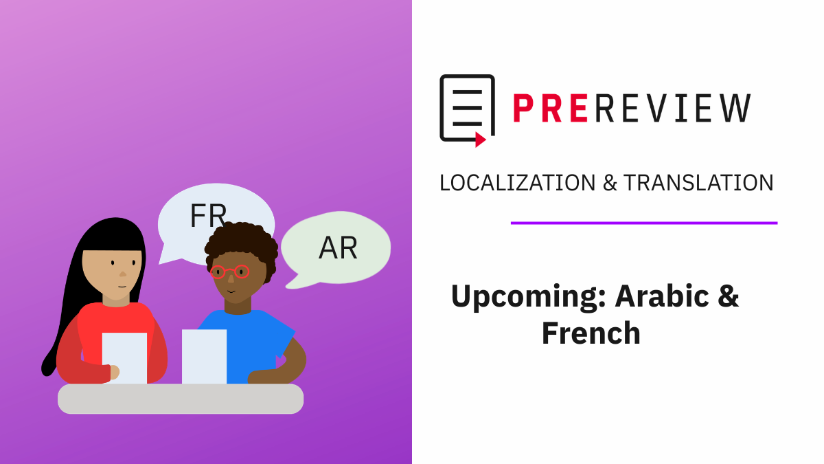 “PREreview LOCALIZATION & TRANSLATION. Upcoming: Arabic & French” + Sketch of two people discussing manuscripts in FR and AR