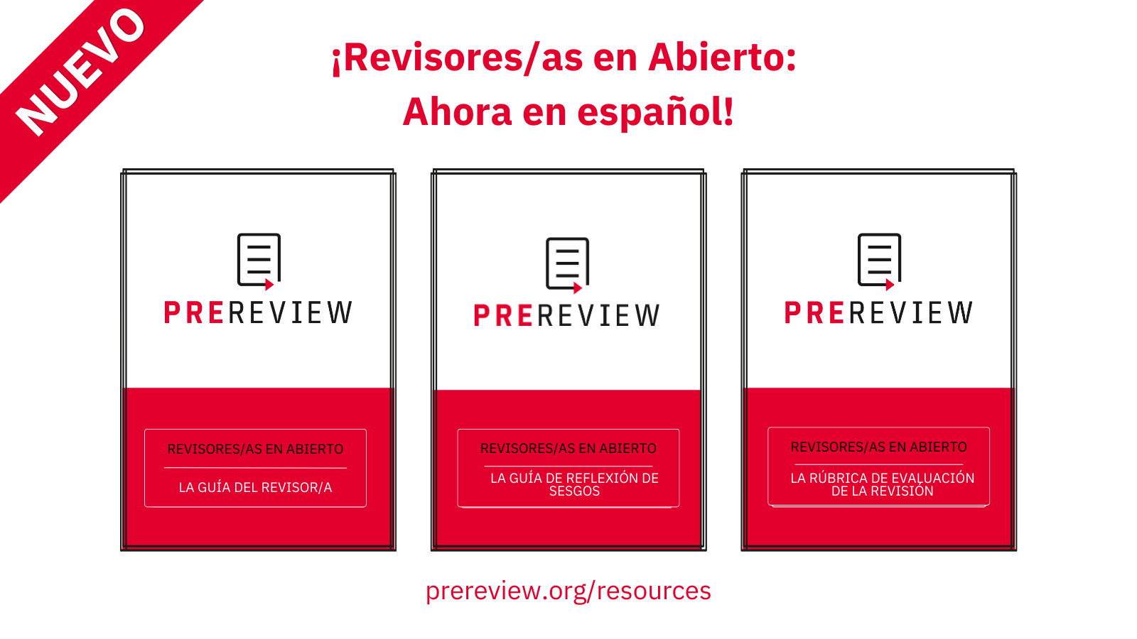 ALT: Three rectangular guides, outlined in black, white on top and red on the bottom. From left to right, the guides say: "Revisores/as en Abierto: La Guía del Revisor/a," "Revisores/as en Abierto: La Guía de Reflexión de Sesgos," and "Revisores/as en Abierto: La Rúbrica de Evaluación de la Revisión" in black and white text. At the top center, above these rectangular guides in bolded, red text is the announcement: "¡Revisores/as en Abierto: Ahora en español!" In the upper left corner is a diagonally placed red ribbon with white text that says "Nuevo" on it. At the bottom center, underneath the guides, "prereview.org/resourcse" is written in red text.