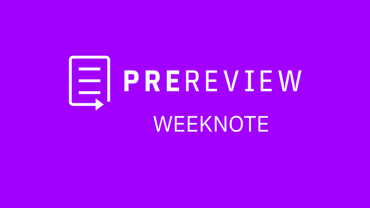 The PREreview logo and the title “Weeknote” in white over a bright purple background