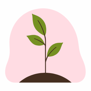 Linear draw of three leaves sprouting from the ground, over light red abstract shape.
