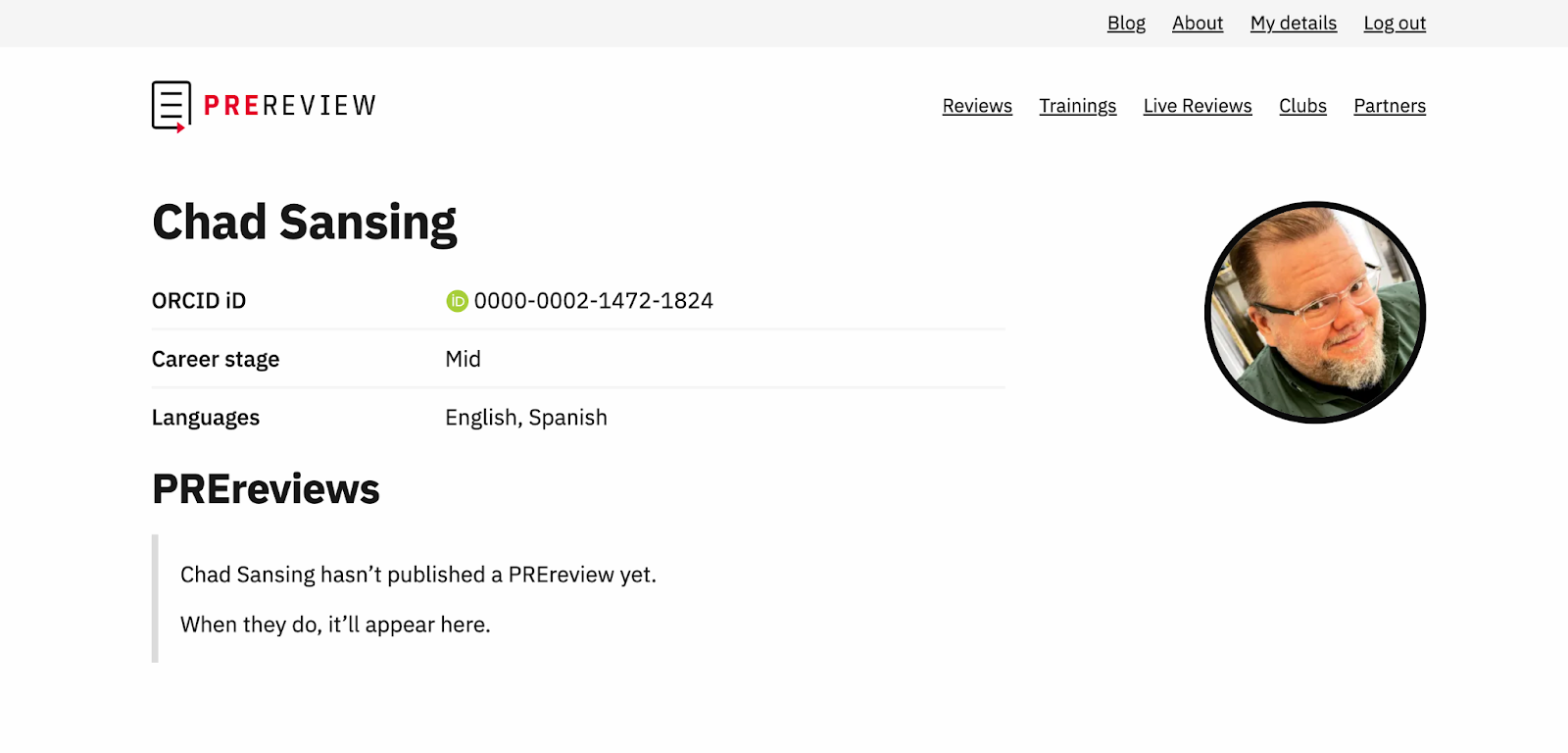 This screenshot displays a user’s public PREreview.org profile listing their name, career stage, languages, and PREreview activity